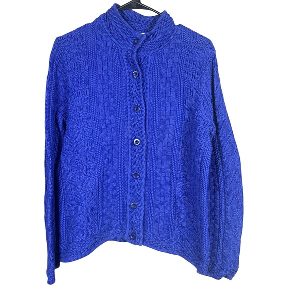 L.L. Bean Medium Blue Cotton Cable Knit Weave Button Cardigan Sweater - Picture 1 of 10